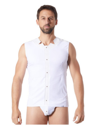 V-shirt débardeur blanc satiné avec bandes style cuir et dos avec transparence - LM807-77WHT